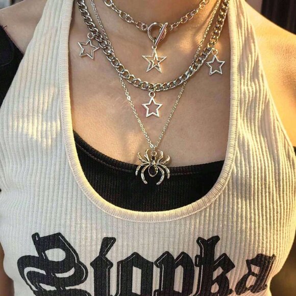 Jewelry - Three pieces Silver Star  & Spider Necklace Gothic Set